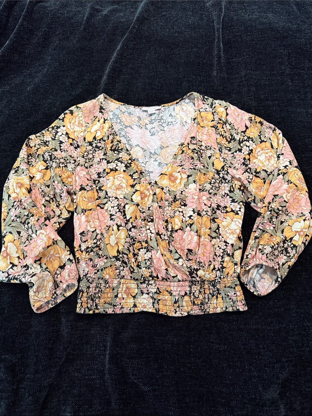 American Eagle Outfitters Floral Wrap Blouse in Black, Pink, Yellow
